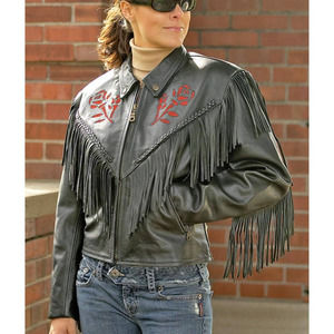 Rose Genuine Leather Fringe Biker Motorcycle Heavy Jacket
